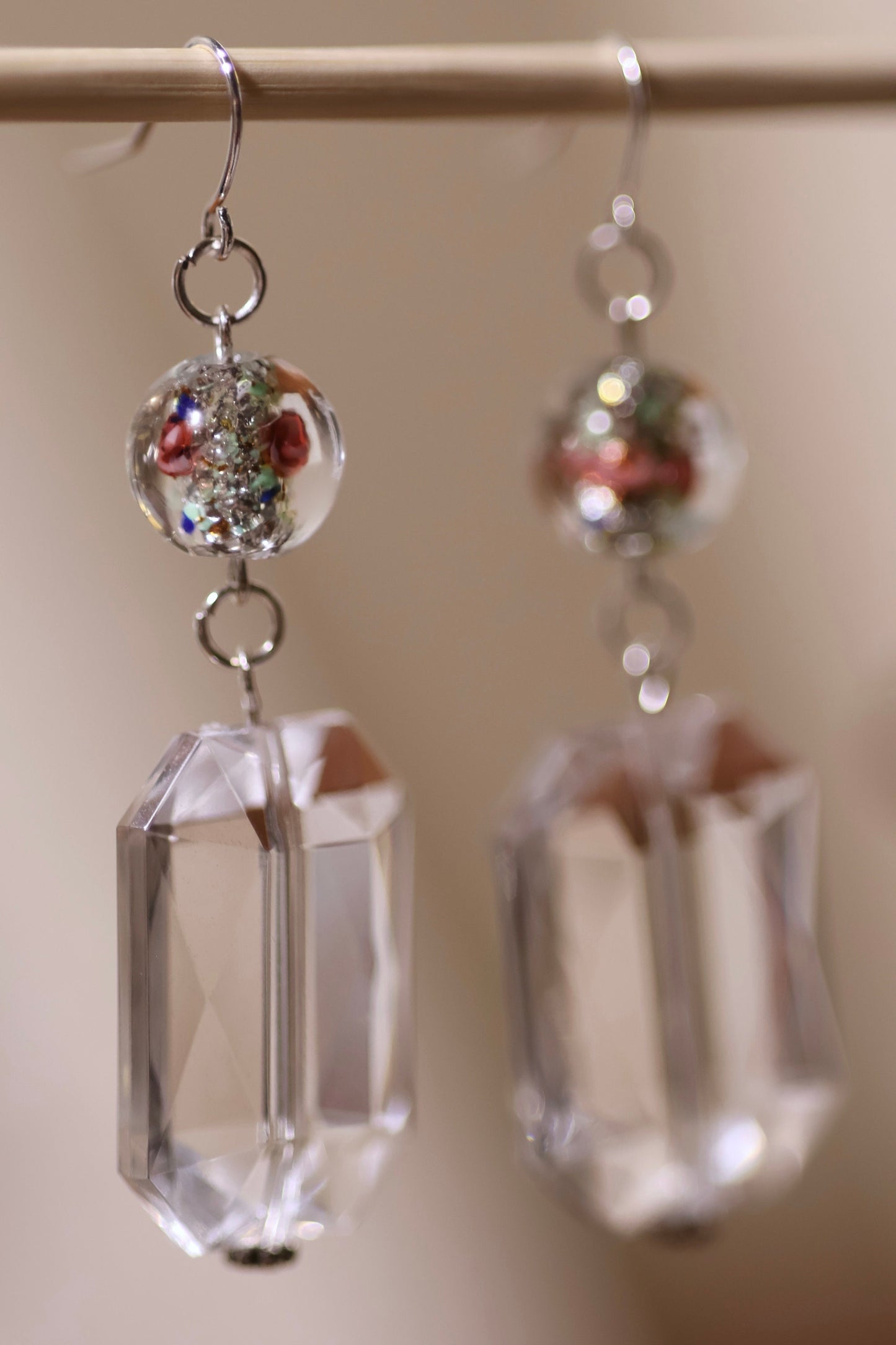 Clear bevel cut acrylic 2" rectangular shaped dangle earrings with Czech foiled lampwork glass floating rose beads
