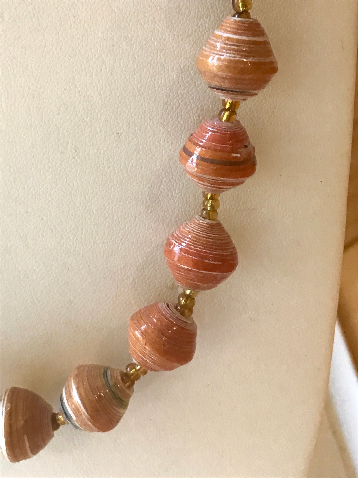 Unique orange vintage artisan necklace - beads look like porcelain but are actually made of rolled paper that's been painted & sealed