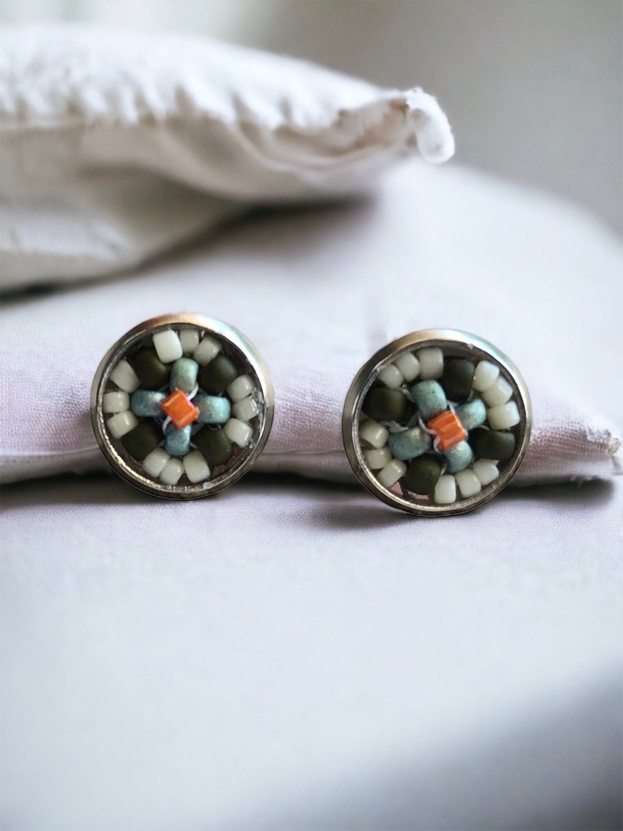 Tiny little stud earrings - approx. 8 mm intricate beadwork - turquoise and olive green