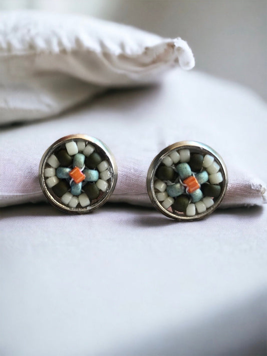 Tiny little stud earrings - approx. 8 mm intricate beadwork - turquoise and olive green