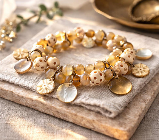 Vintage Beaded Charm Bracelet • Honey Amber Glass Beads • Carved Bone Beads • Mother of Pearl Charms • Boho Artisan Bracelet