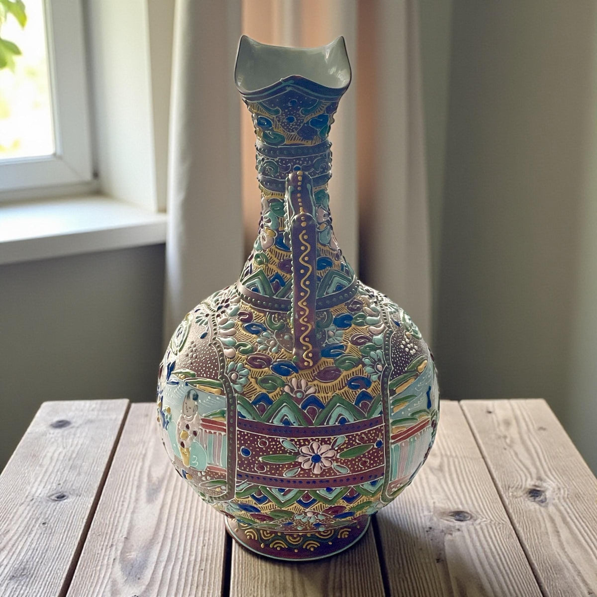 Antique Japanese Satsuma Moriage Pitcher | Hand Painted Figural Ewer Vase | Raised Enamel Gold Gilt | Meiji Style Art Pottery