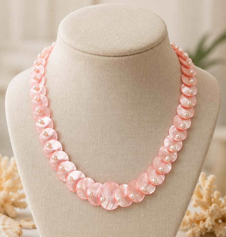 Vintage Pink Mother of Pearl Disc Necklace 20" | Shell Coin Statement Necklace with Faux Pearls | Coastal Cottage Jewelry