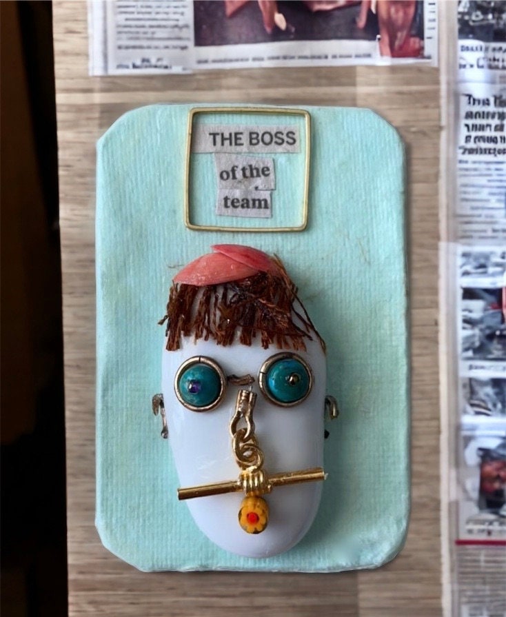 MEET THE BOSS - My funny face mixed medium art - glass on wood with millefiori glass -  can be ordered as a magnet or pin - great as a gift