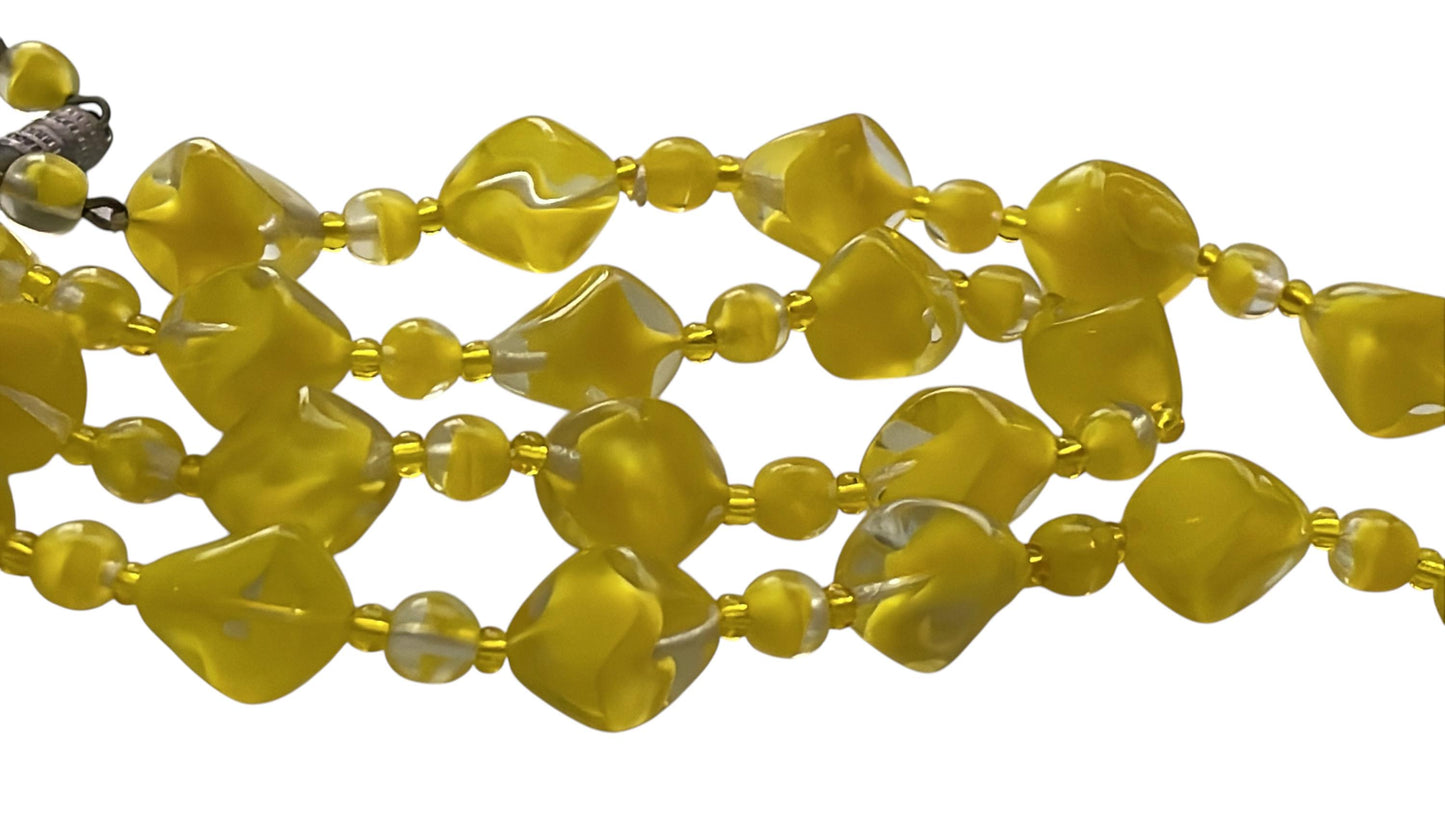 Vintage 1950s Czech Cased Glass Necklace – Bold Yellow & Clear Mid Century Art Glass Statement Beads