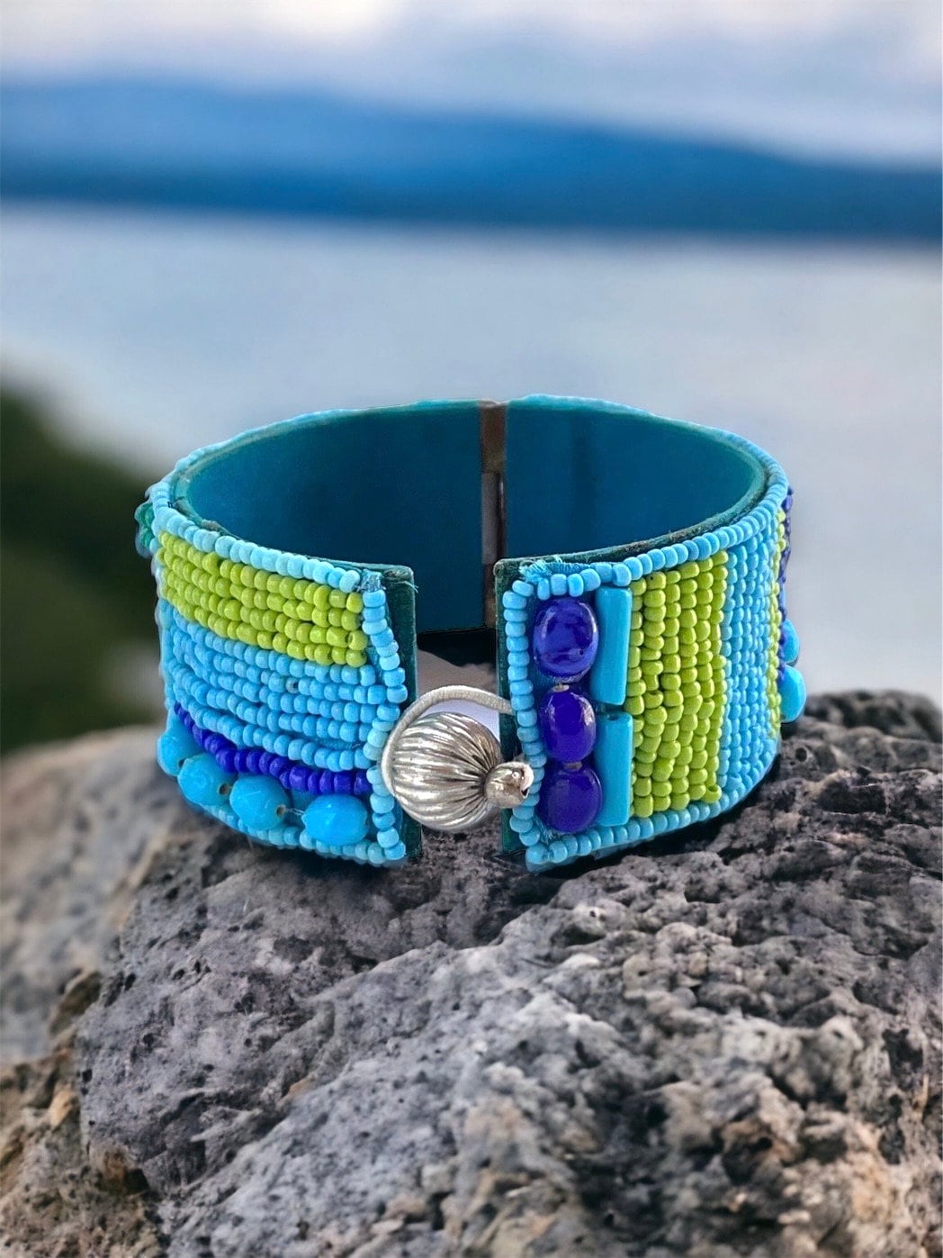 Stunning and unique vintage seed bead and mixed material vintage bracelet - shades of blue - made by Sally C