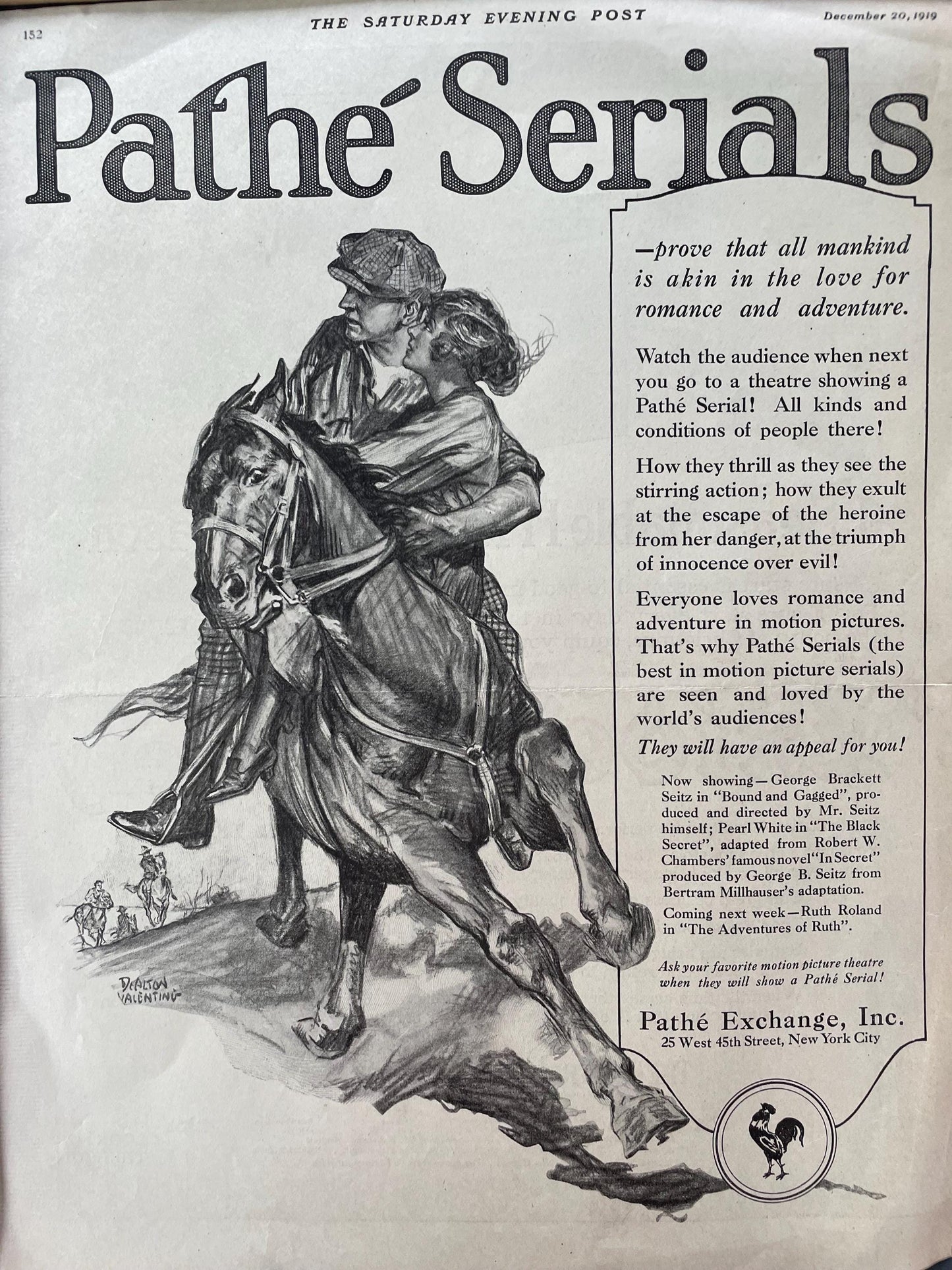 Original 1919 Saturday Evening Post Advertisement for the Pathe Silent Film Pathe Serials Movie - Dealton Valentine Art Ad - romantic ad