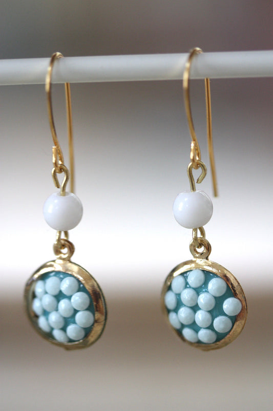 Sweet handmade white dotted blue dangle earrings