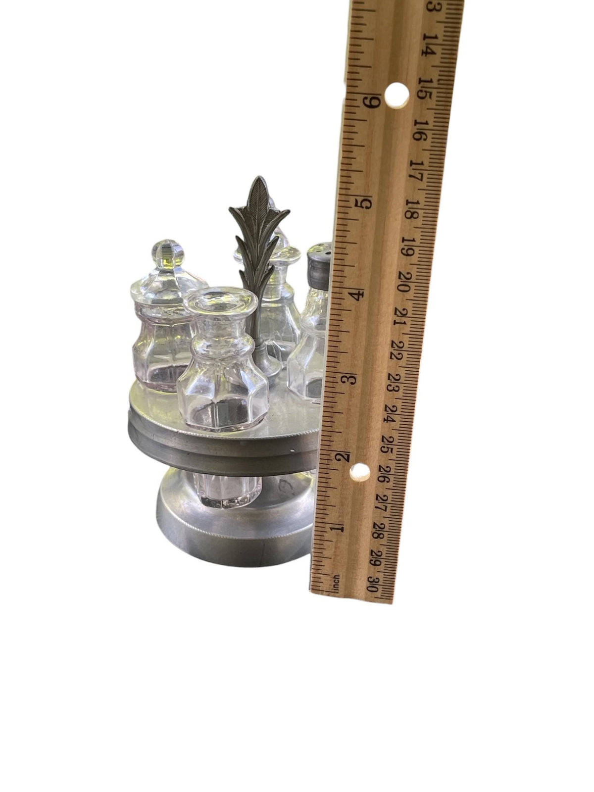 Vintage Glass Cruet Set with Metal Carousel Stand | 4 Piece Condiment Set | Salt Pepper Oil Vinegar Tableware