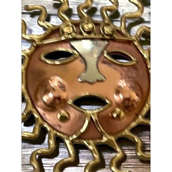 Dramatic Multi-metal Vintage Aztec Sun Mask Brooch Pin