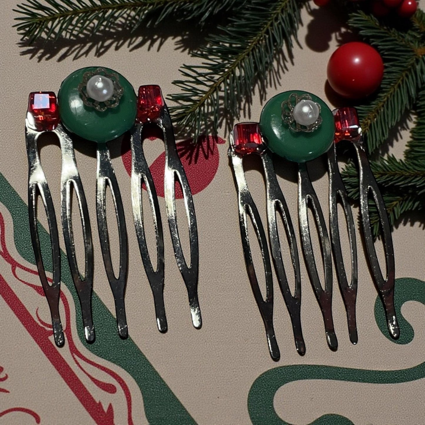 Handmade Green Wood & Red Crystal Hair Combs – Mixed Materials, Faux Pearl and Filigree, 1" Decorative Hair Accessories