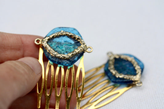 Mid century modern MCM inspired mixed material blue mini metal hair combs - 1" each