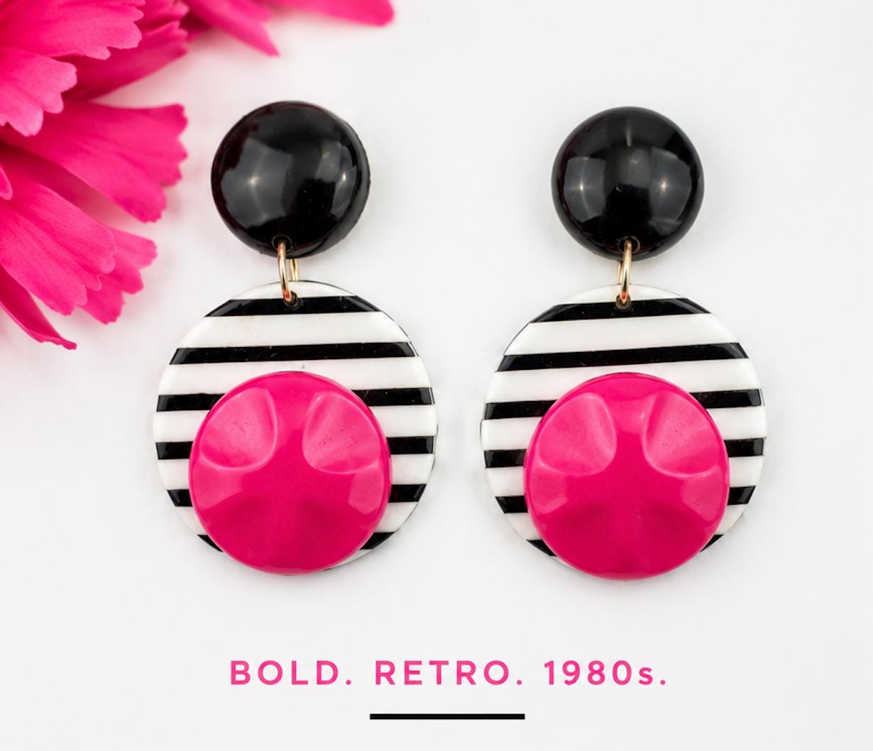 Vintage 1980s Black White Pink Statement Earrings | Bold Geometric Dangle Earrings | Memphis Style Retro Jewelry | Pierced Earrings