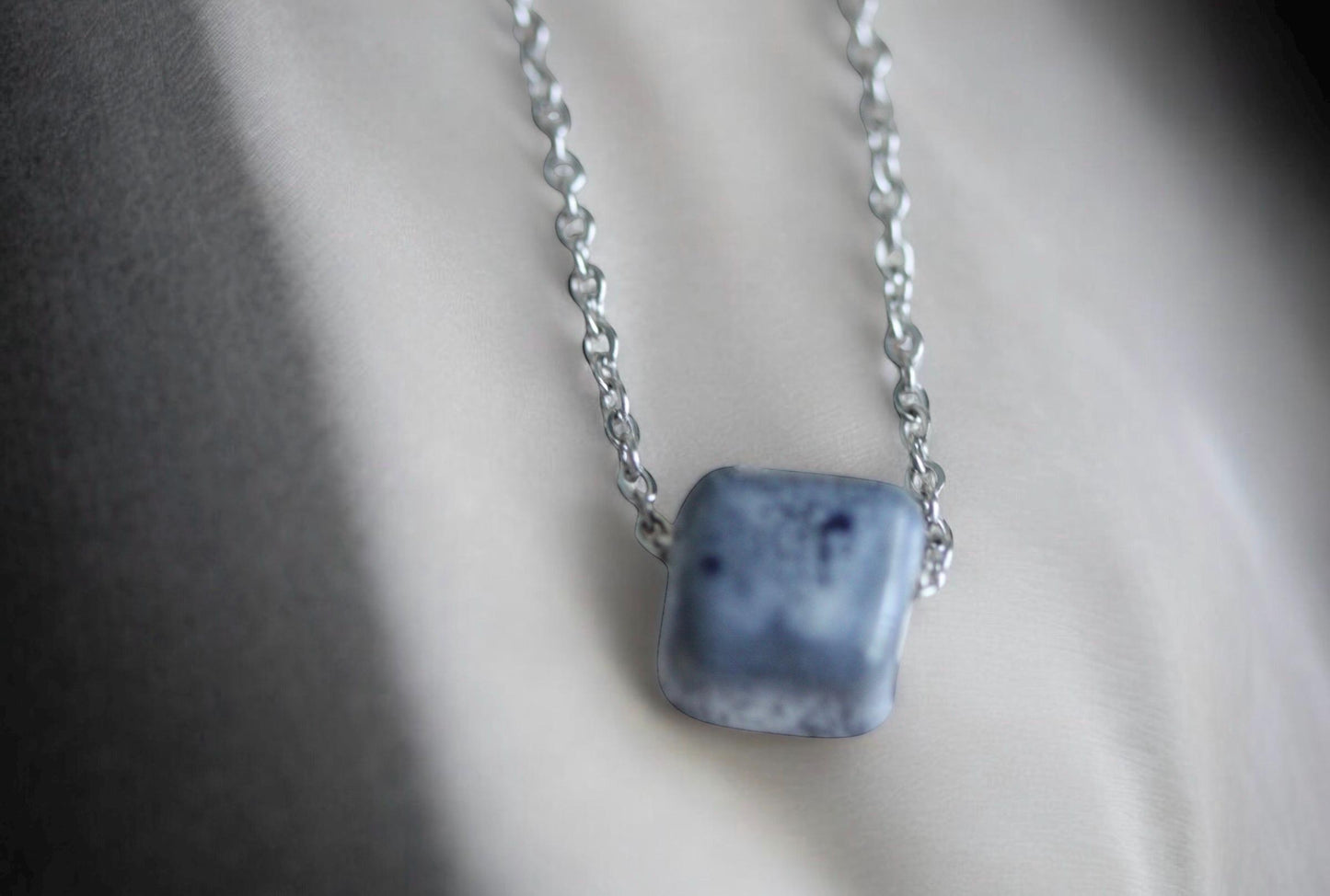 Speckled blue clay pottery cube minimalist necklace on silver tone chain