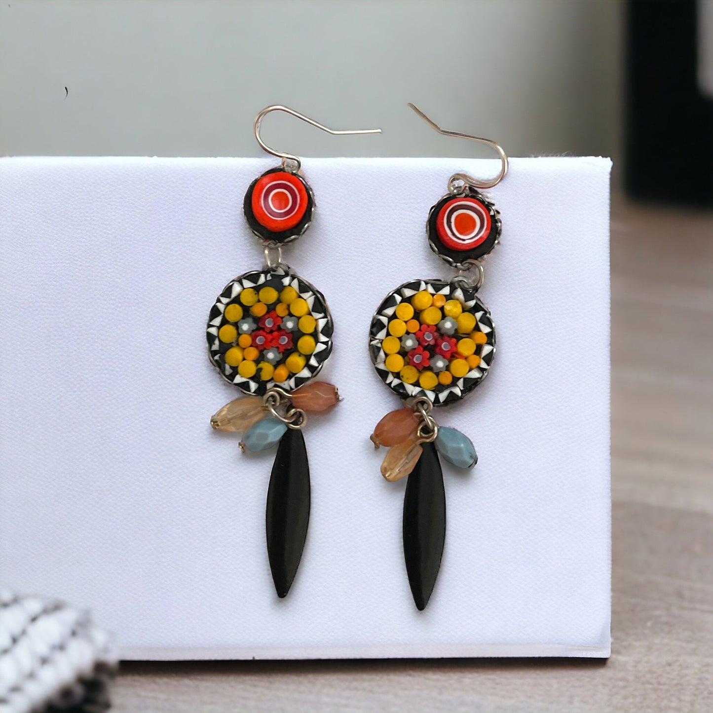 My own handmade Italian style hand cut micro mosaic millefiori glass dangle earrings