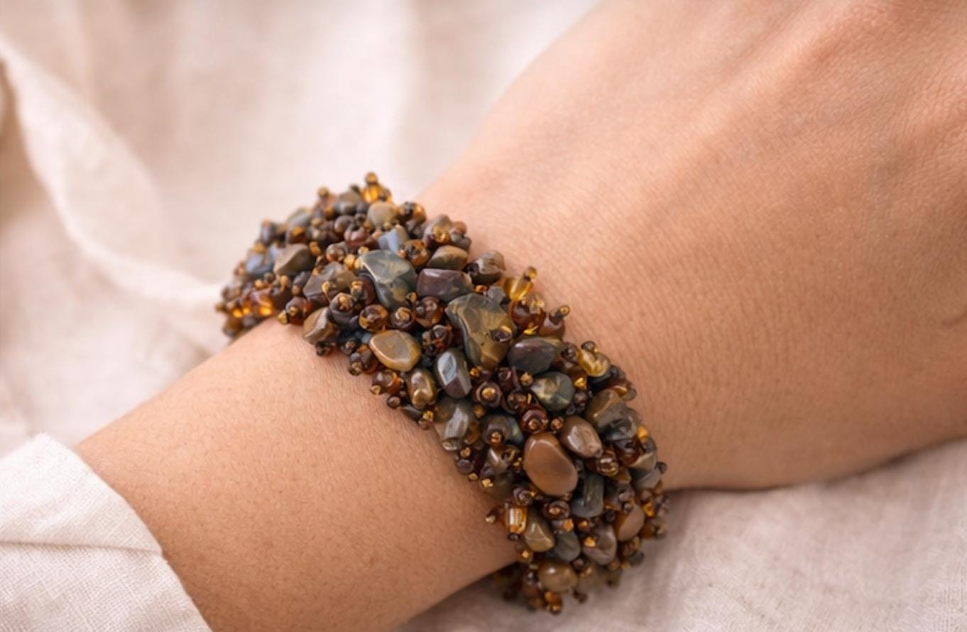 Chunky Brown Stone & Amber Colored Beaded Bracelet, Artisan Gemstone Cuff, Earth Tone Statement Jewelry, Wide Boho Beadwork Bracelet