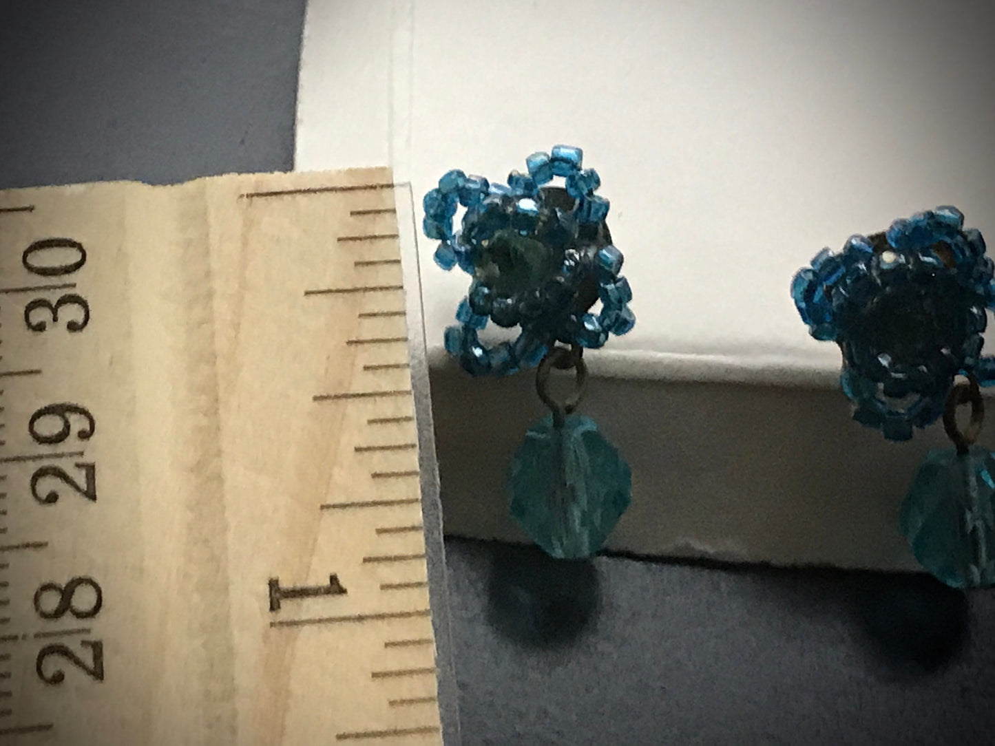 Small little blue beadwork vintage dangle earrings - for pierced ears