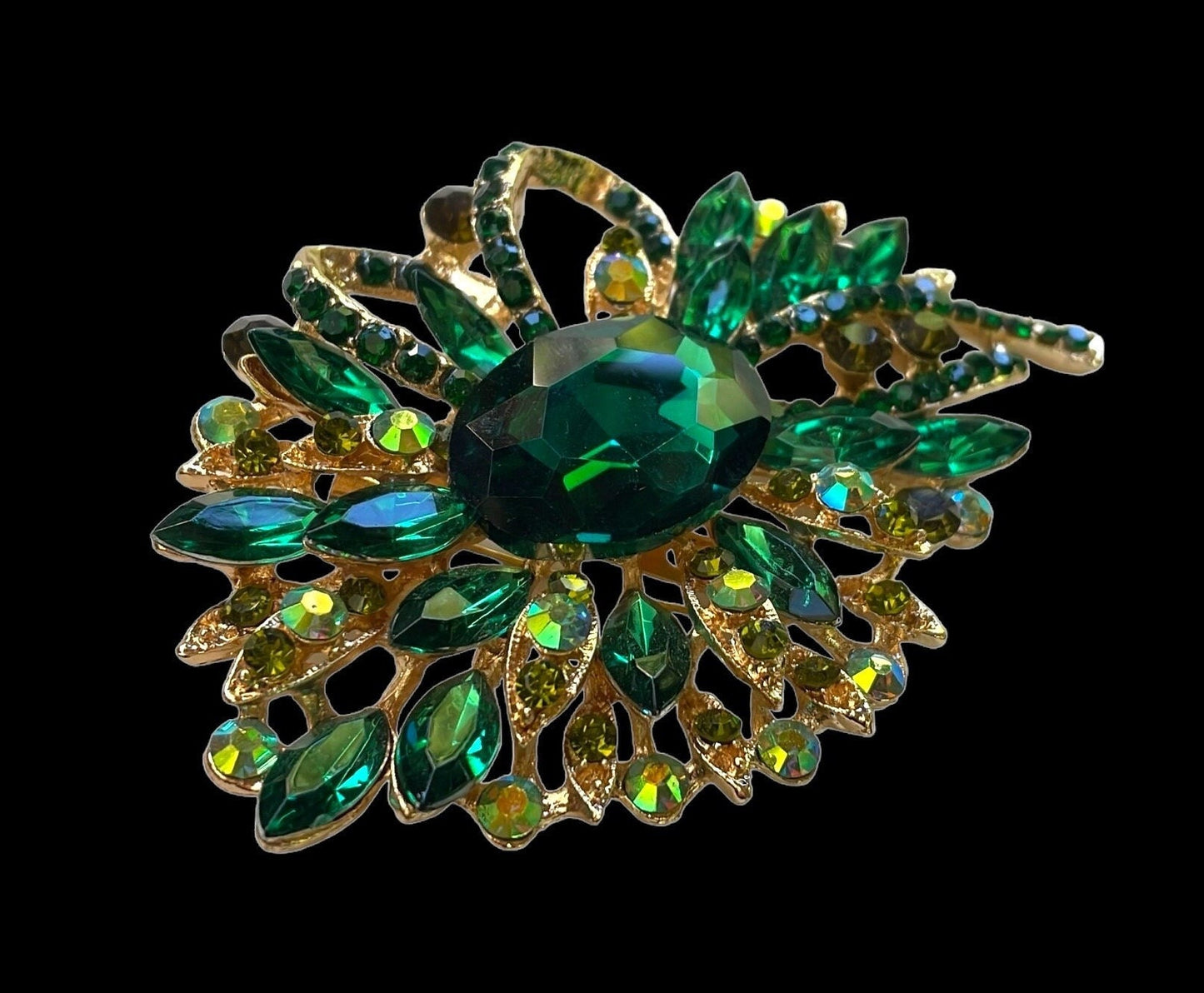 Stunning large emerald green and AB rhinestone vintage pin - 3 1/2" x 2"