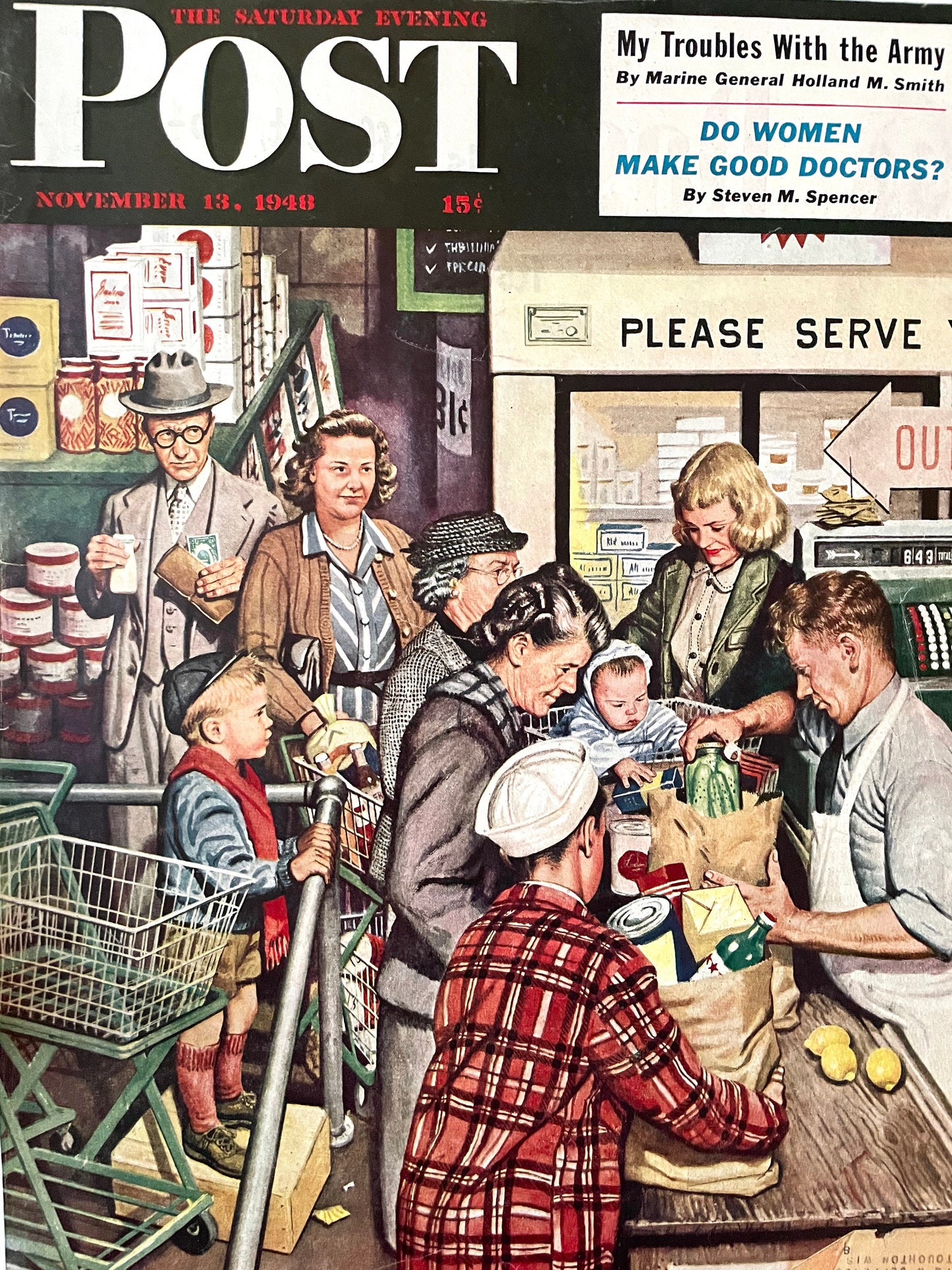 RARE - Saturday Evening Post - Original Cover - November 13, 1948 - market checkout