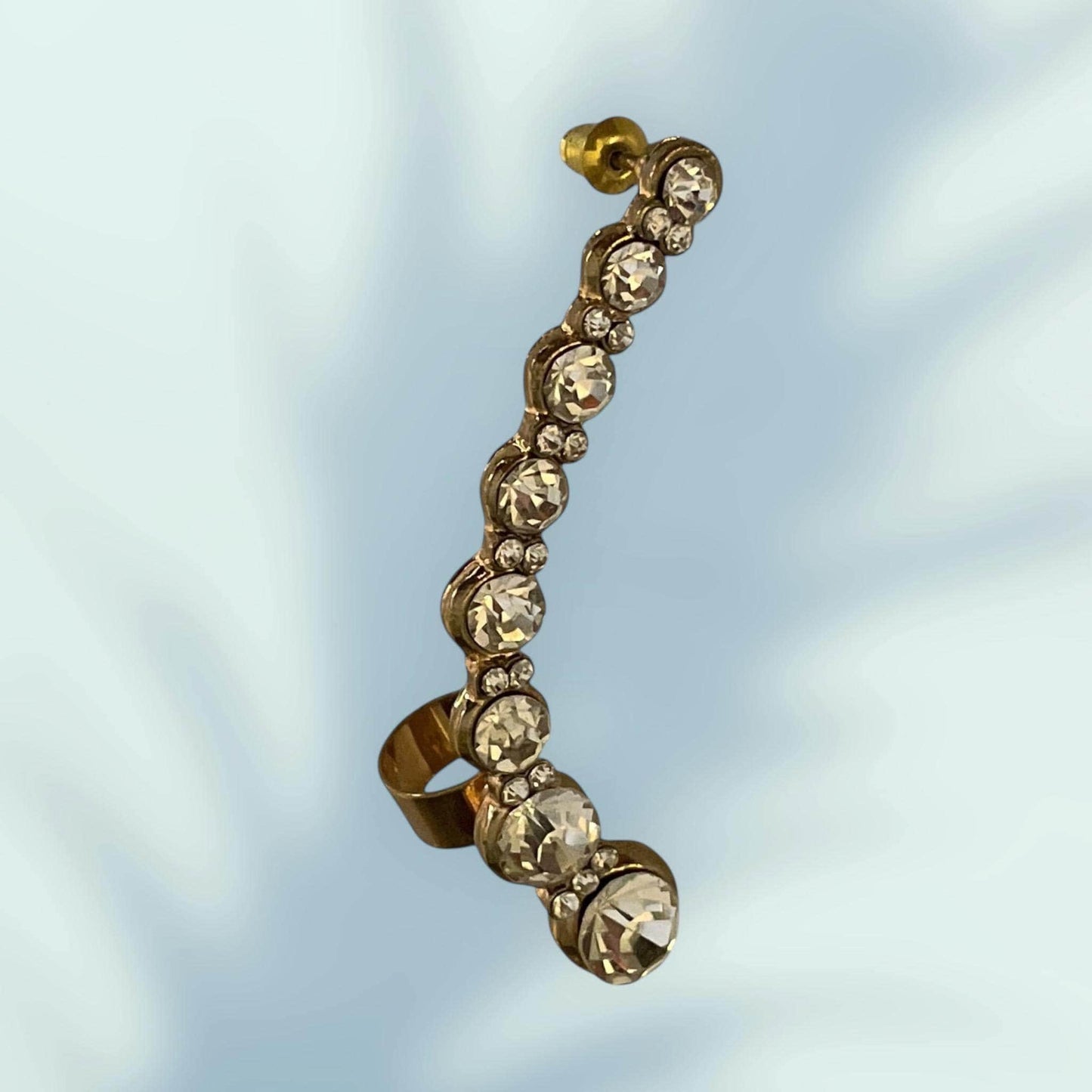 Vintage Rhinestone Ear Climber – Gold Tone Crystal Curve Earring, Elegant Costume Jewelry