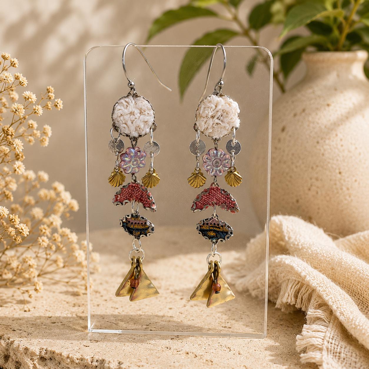 Handmade Mixed Media Dangle Earrings | Vintage Fabric Art Earrings | Boho Statement Earrings | Mixed Metal Jewelry | Artisan One of a Kind