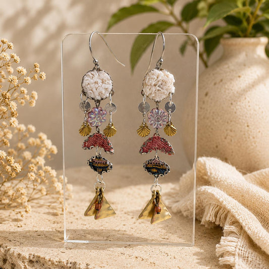 Handmade Mixed Media Dangle Earrings | Vintage Fabric Art Earrings | Boho Statement Earrings | Mixed Metal Jewelry | Artisan One of a Kind