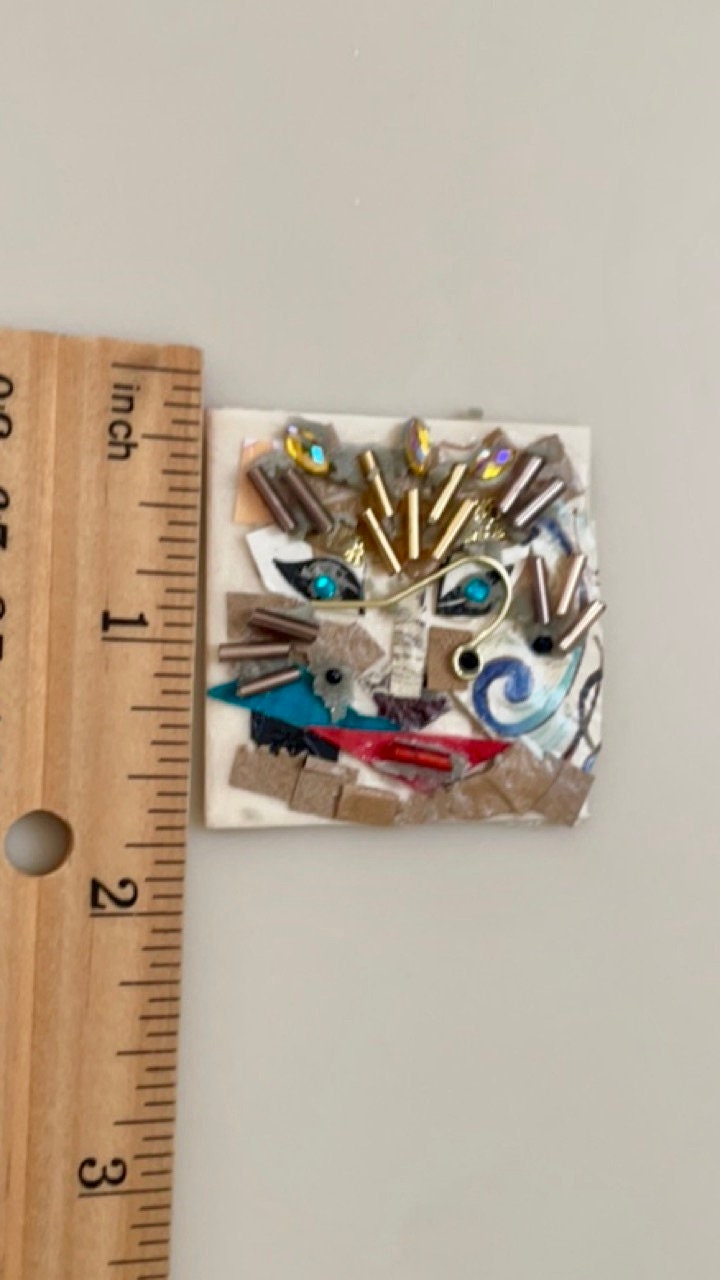 Meet "Lia the Lion" - Assemblage art / mixed media collage, mosaic - magnet, pin, necklace pendant or Christmas ornament