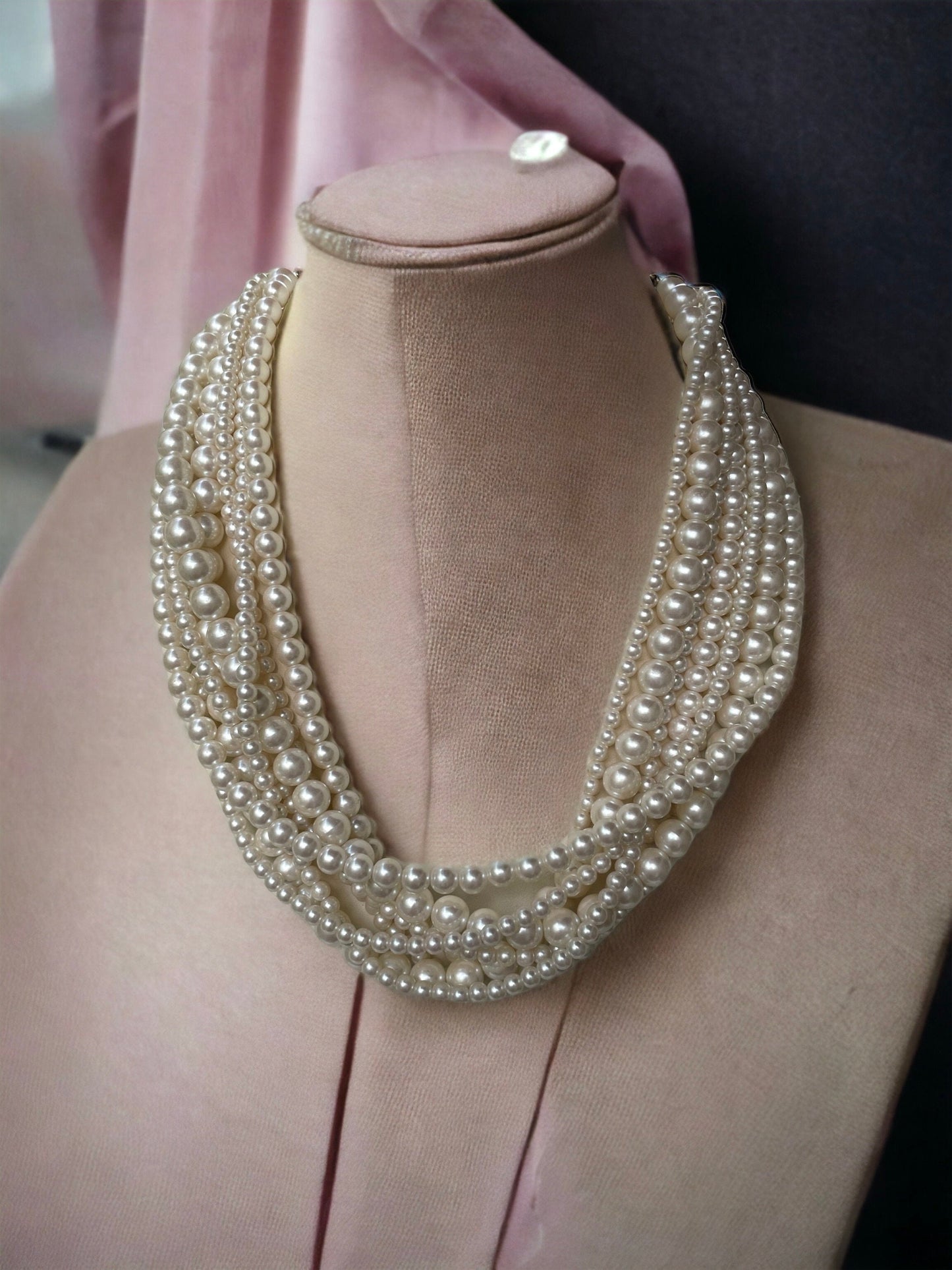 Stunning multi-stranded multi-sized all white faux pearl vintage necklace
