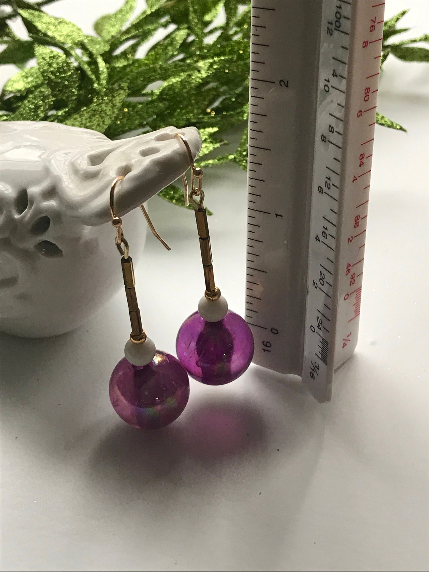 Handmade earrings with upcycled vintage purple glass ball dangles