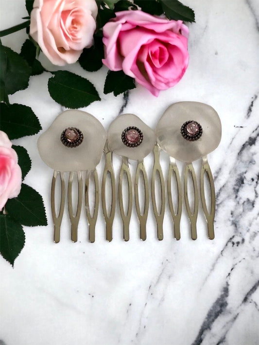 Unique clear white free form lucite and pink glass hair comb
