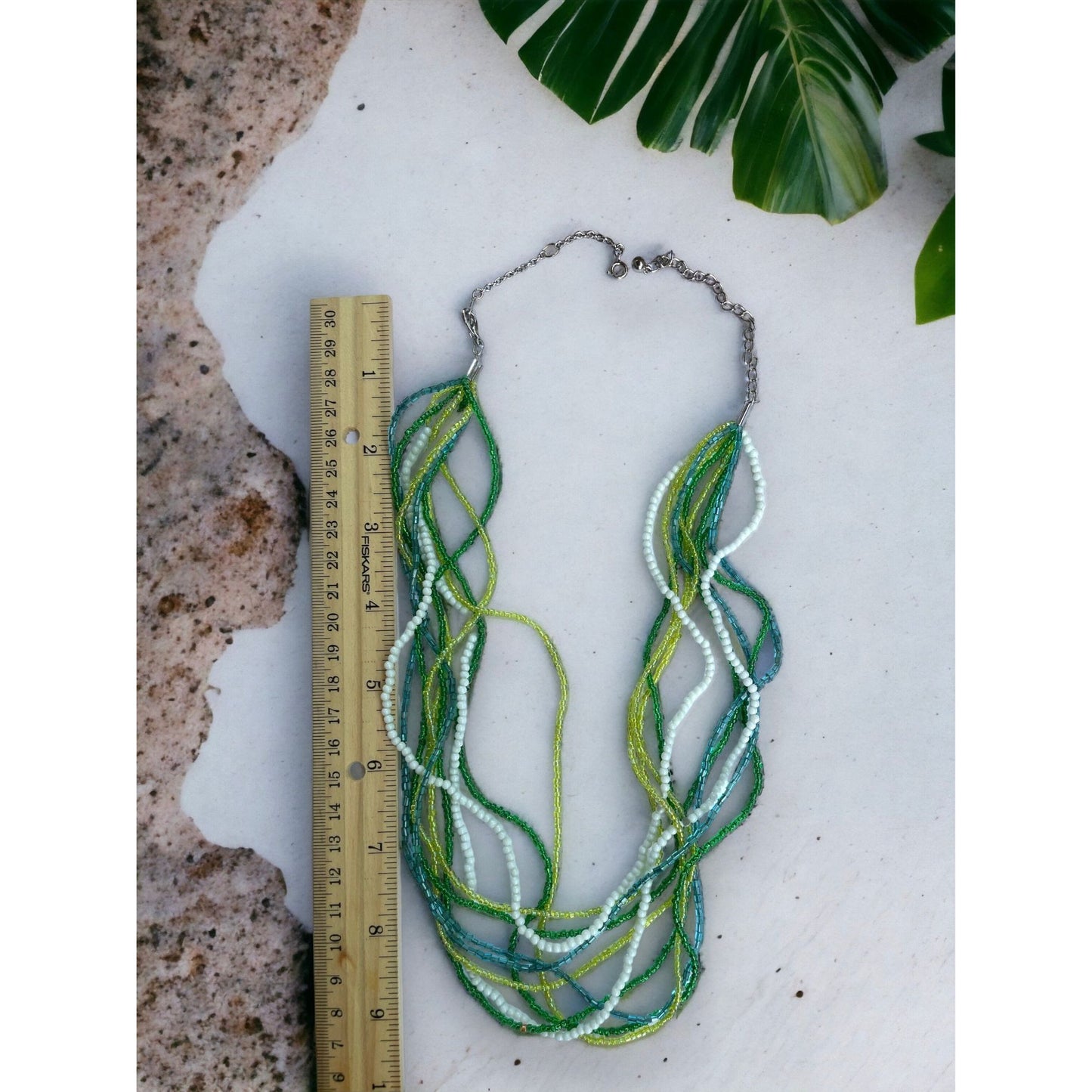 Shades of green, turquoise and white multi stranded vintage beaded necklace