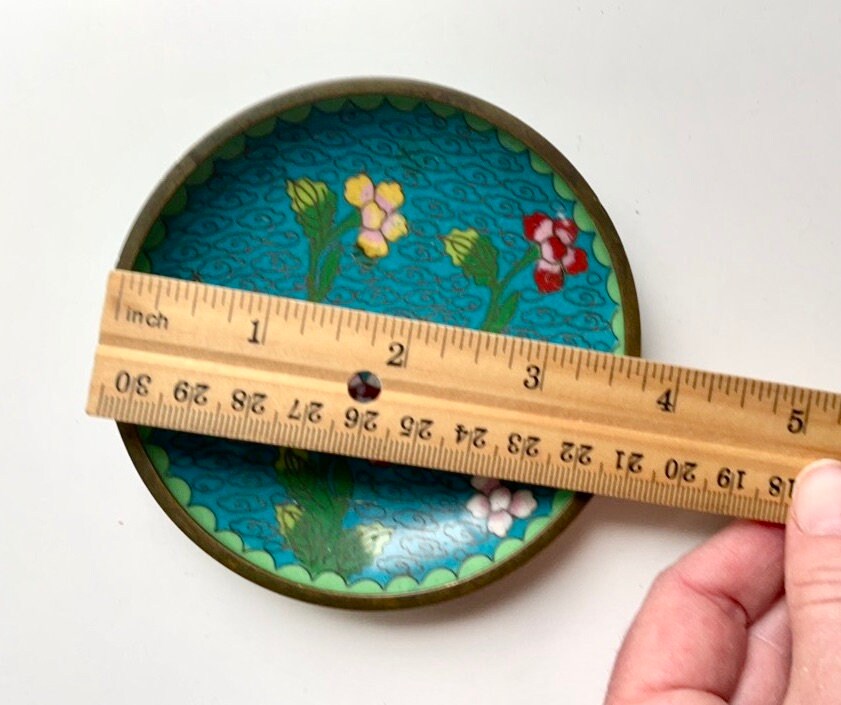 Vintage Asian Cloisonne enamel over copper ring dish, catch all dish - 3 & 3/4" - turquoise floral