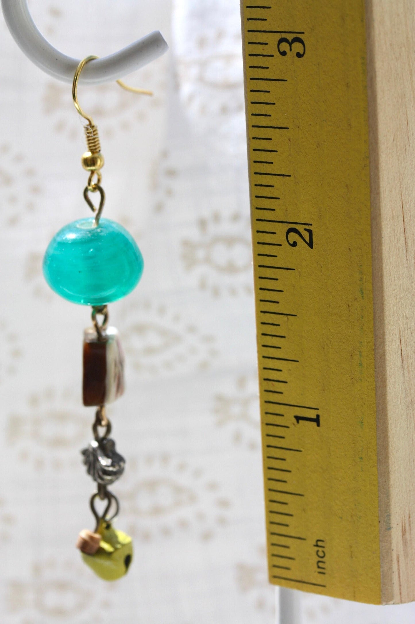 Handmade Vintage Turquoise Glass Earrings - Abalone Shell Dangle Earrings - Mustard Yellow Bell Beads - Boho Statement Earrings
