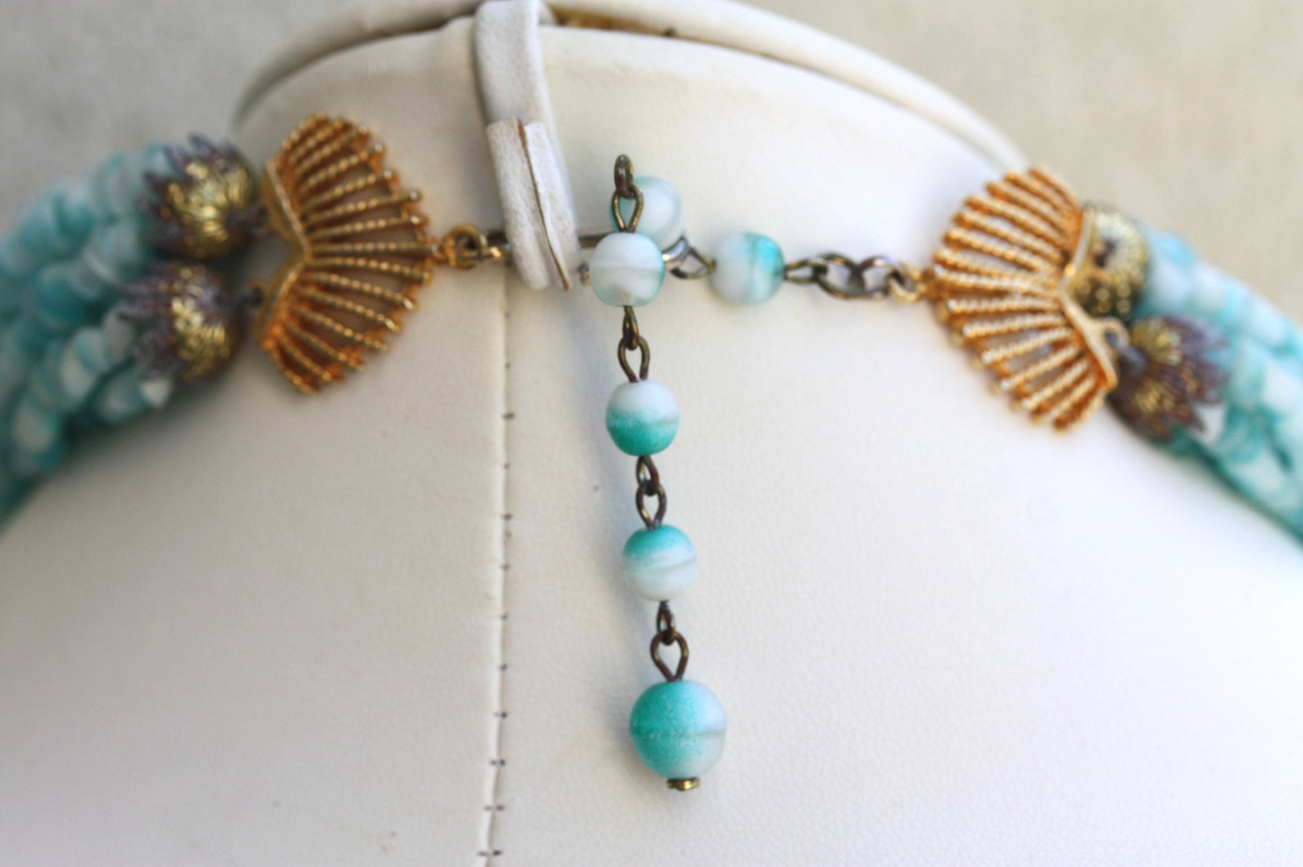 Stunning all glass -  horizontally cut turquoise glass lush vintage multi strand necklace