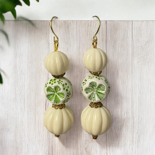 Green & cream dangle earrings - vintage bead with green florals combined with cream colored vintage melon ball beads