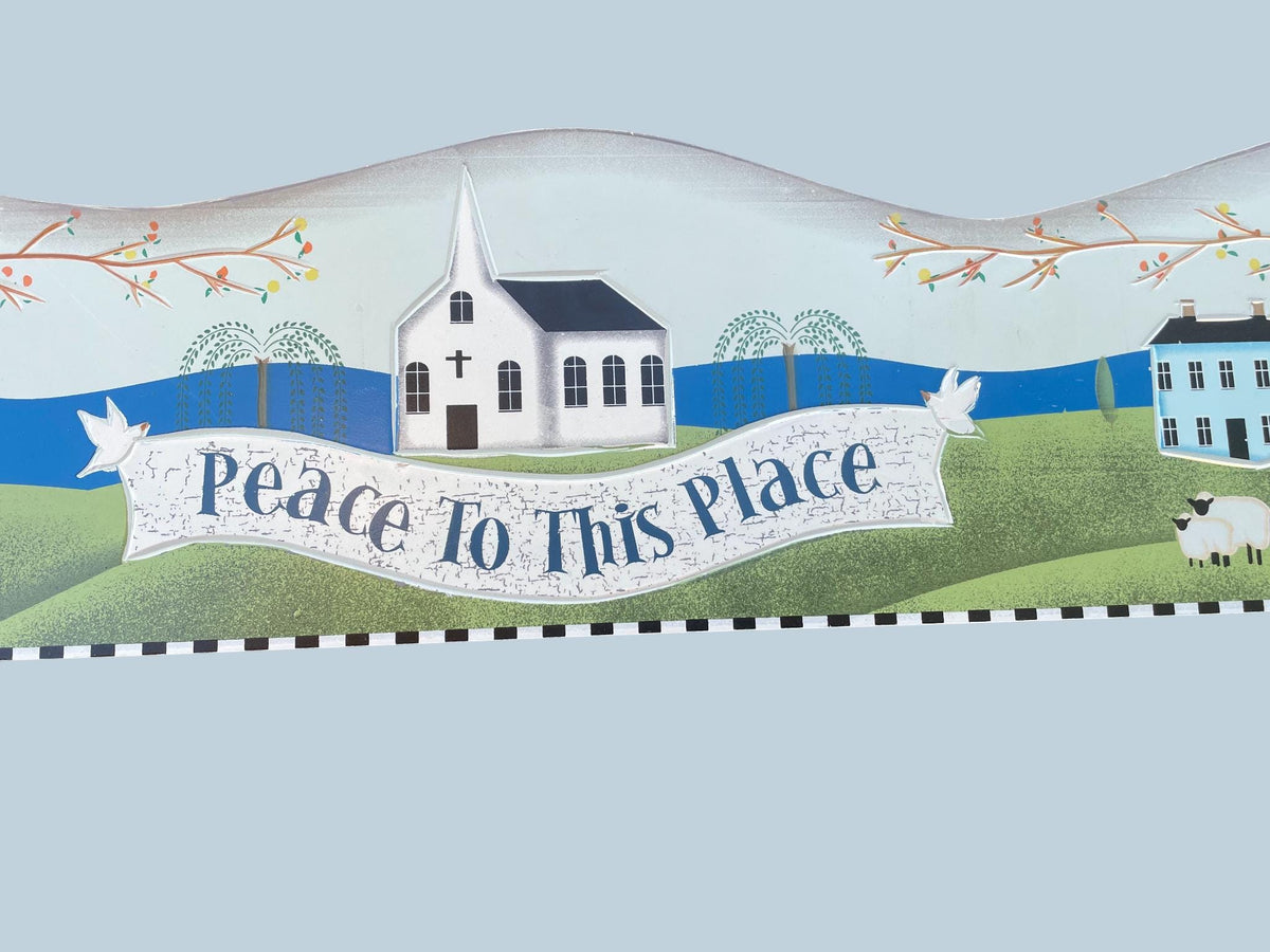 Folk Art Wooden Wall Plaque – “Peace to This Place” Country Village Scene with Sheep & Church – Primitive Farmhouse Decor