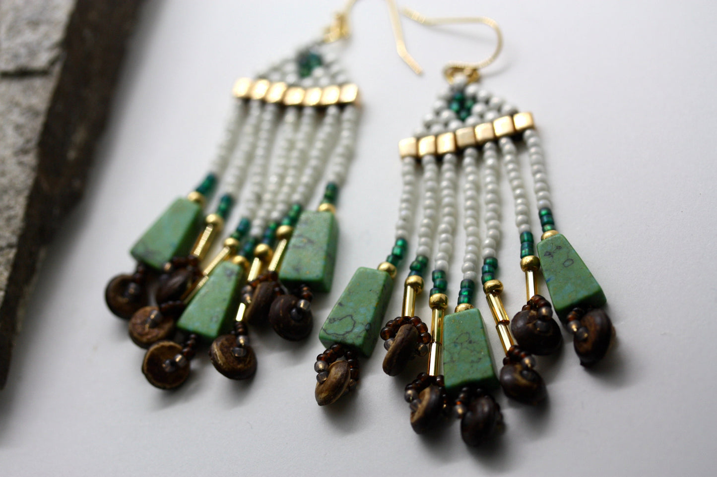 Unique Hand beaded Native-American-Style stunning dangle beadwork earrings - with mixed materials