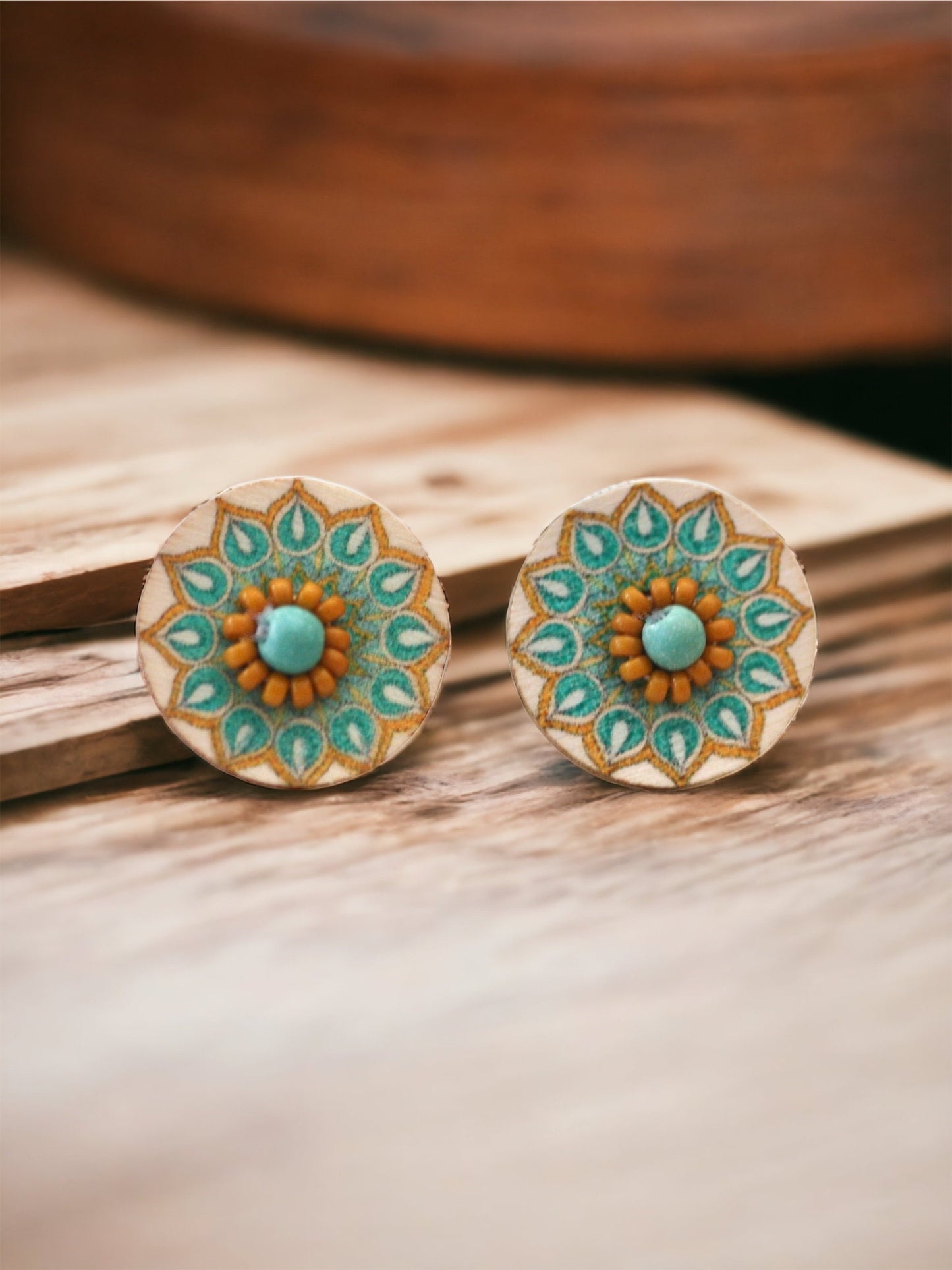 Stunning beadwork mandala stud earrings - turquoise, yellow and cream