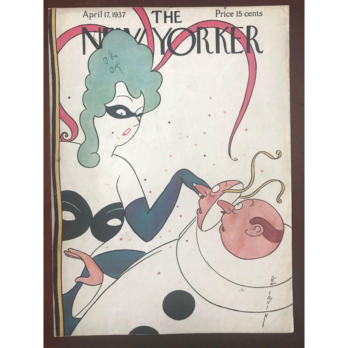 Rare - April 17, 1937 - The NEW YORKER Magazine original cover by Rea Irvin - masquerade party, removing a mask - please read description