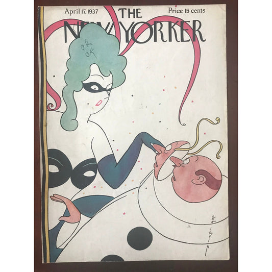 Rare - April 17, 1937 - The NEW YORKER Magazine original cover by Rea Irvin - masquerade party, removing a mask - please read description