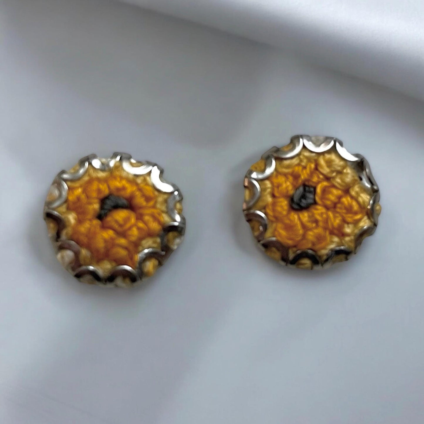 Unique stud earrings made of upcycled vintage embroidery
