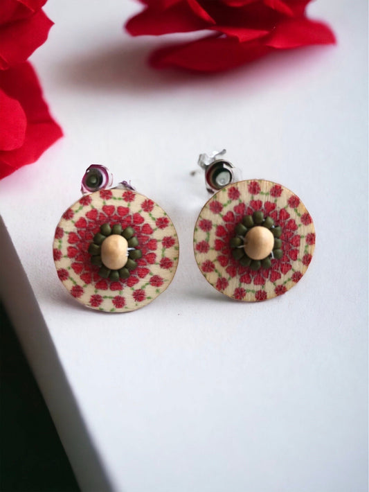 Stunning beadwork mandala stud earrings - red, natural tan and brown