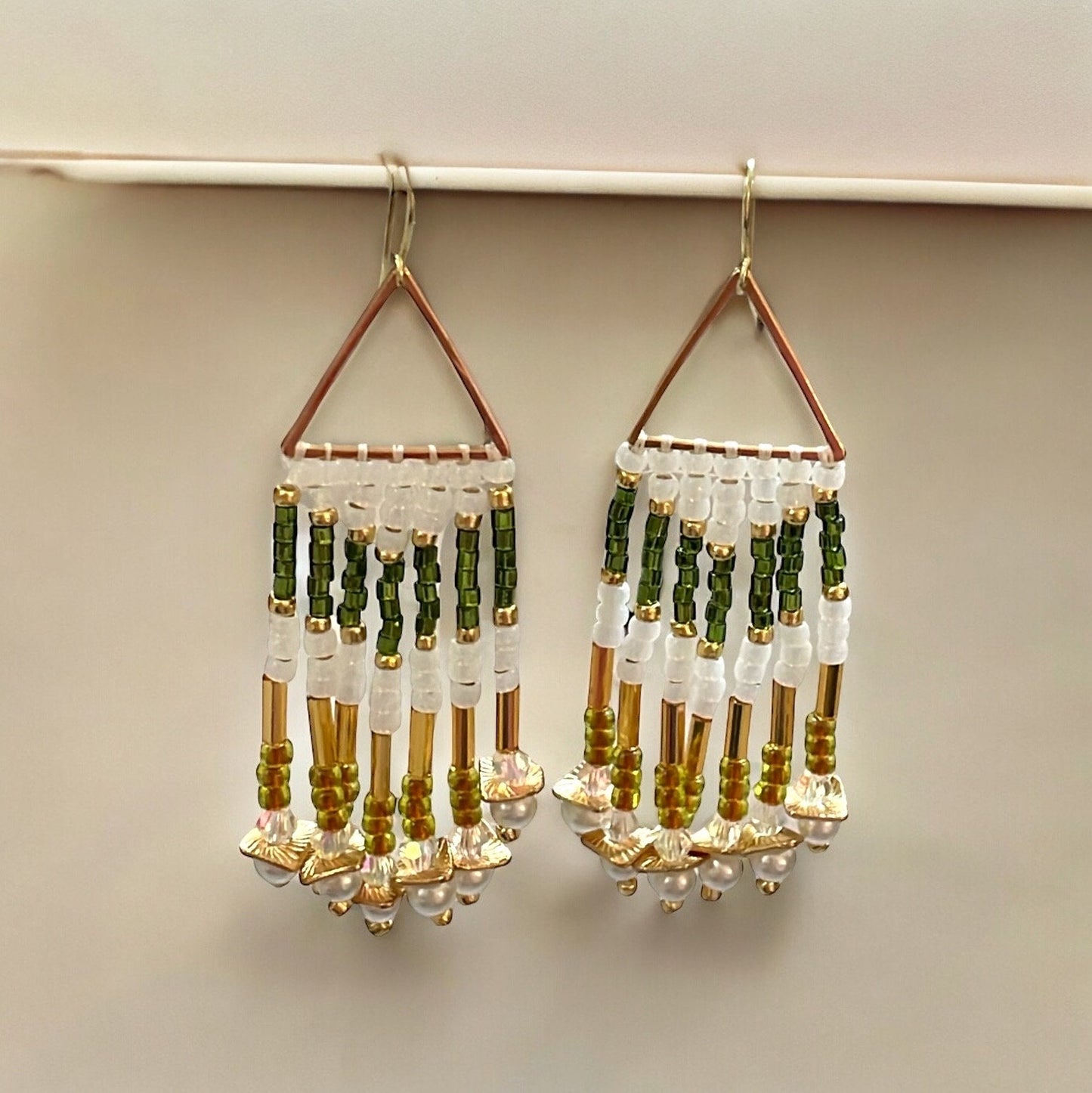 Hand beaded stunning dangle  earrings - emerald green and gold with white faux pearls