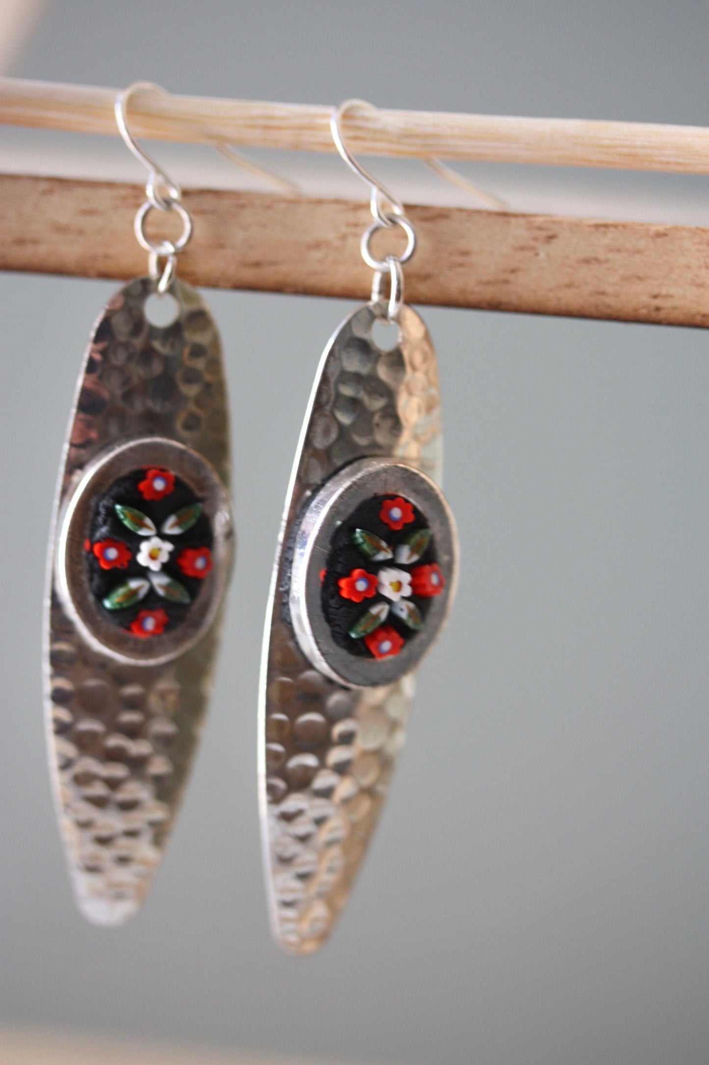 My handmade inlaid micro-mosaic on upcycled vintage hammered metal earrings - with sterling silver ear wires