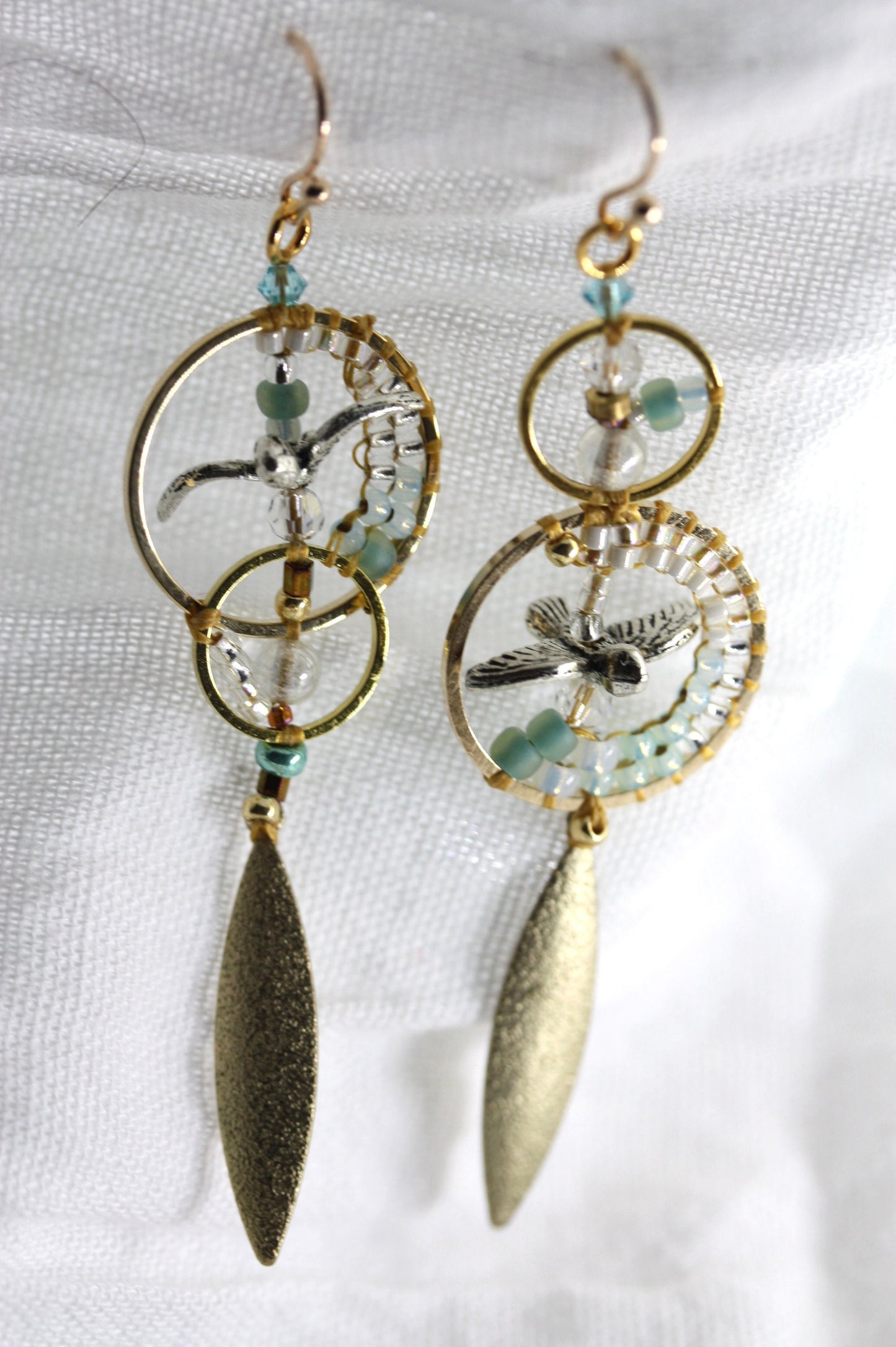 Uniquely modern art "flying seagulls" handmade beaded hoop earrings - part of my original "Shapes" series