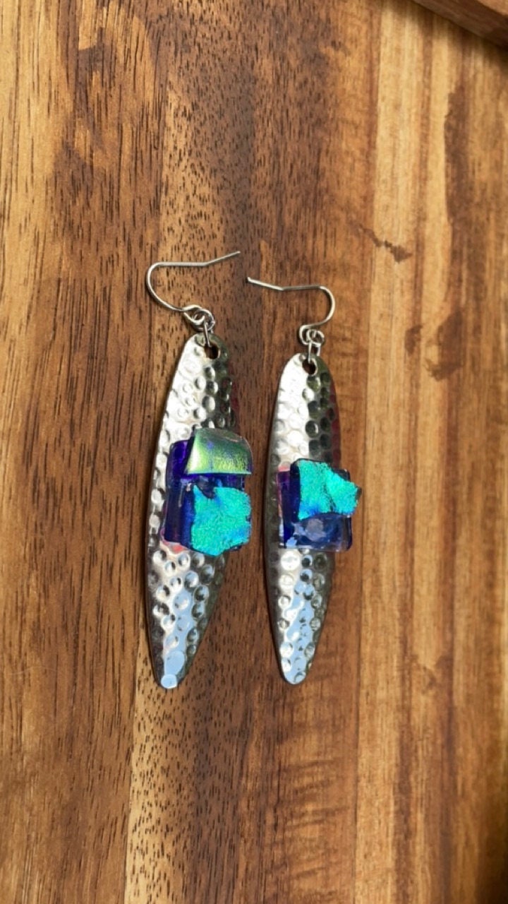 Hammered metal with dichroic glass mixed media earrings