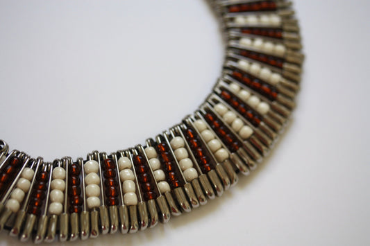 Stunning and unique vintage necklace - made of brown and cream glass seed beads and safety pins - statement jewelry - statement necklace