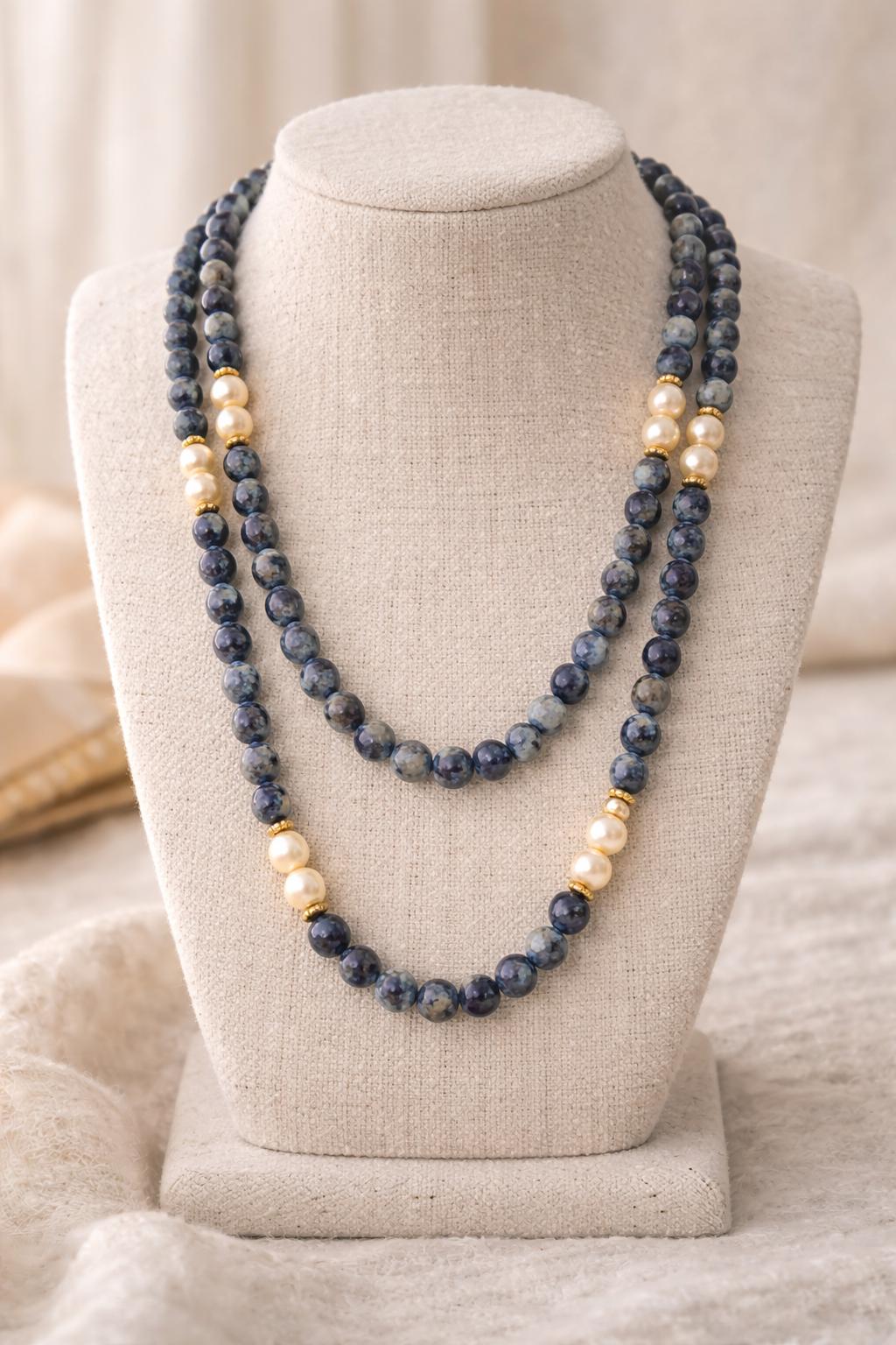 Long Blue Sodalite & Faux Pearl Necklace 32” Vintage Beaded Strand Gold Spacers Layering Statement Jewelry