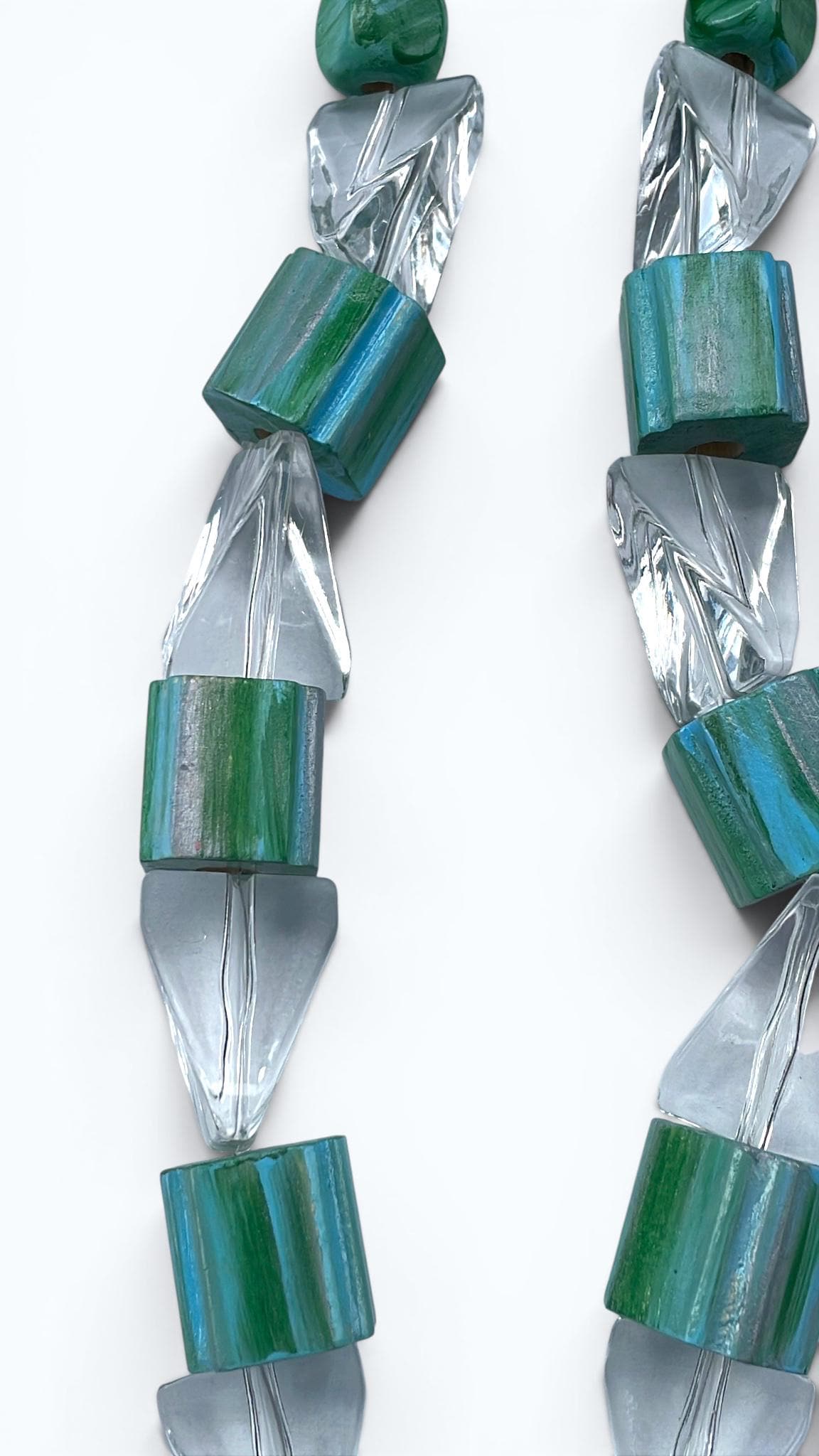 Vintage Artisan Coastal Statement Necklace Shell Pendant, Lucite Prism Beads and Hand Painted Wood Beads Wearable Art Necklace