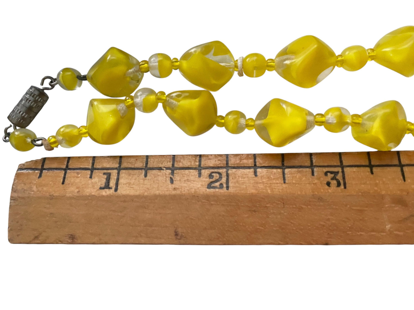 Vintage 1950s Czech Cased Glass Necklace – Bold Yellow & Clear Mid Century Art Glass Statement Beads